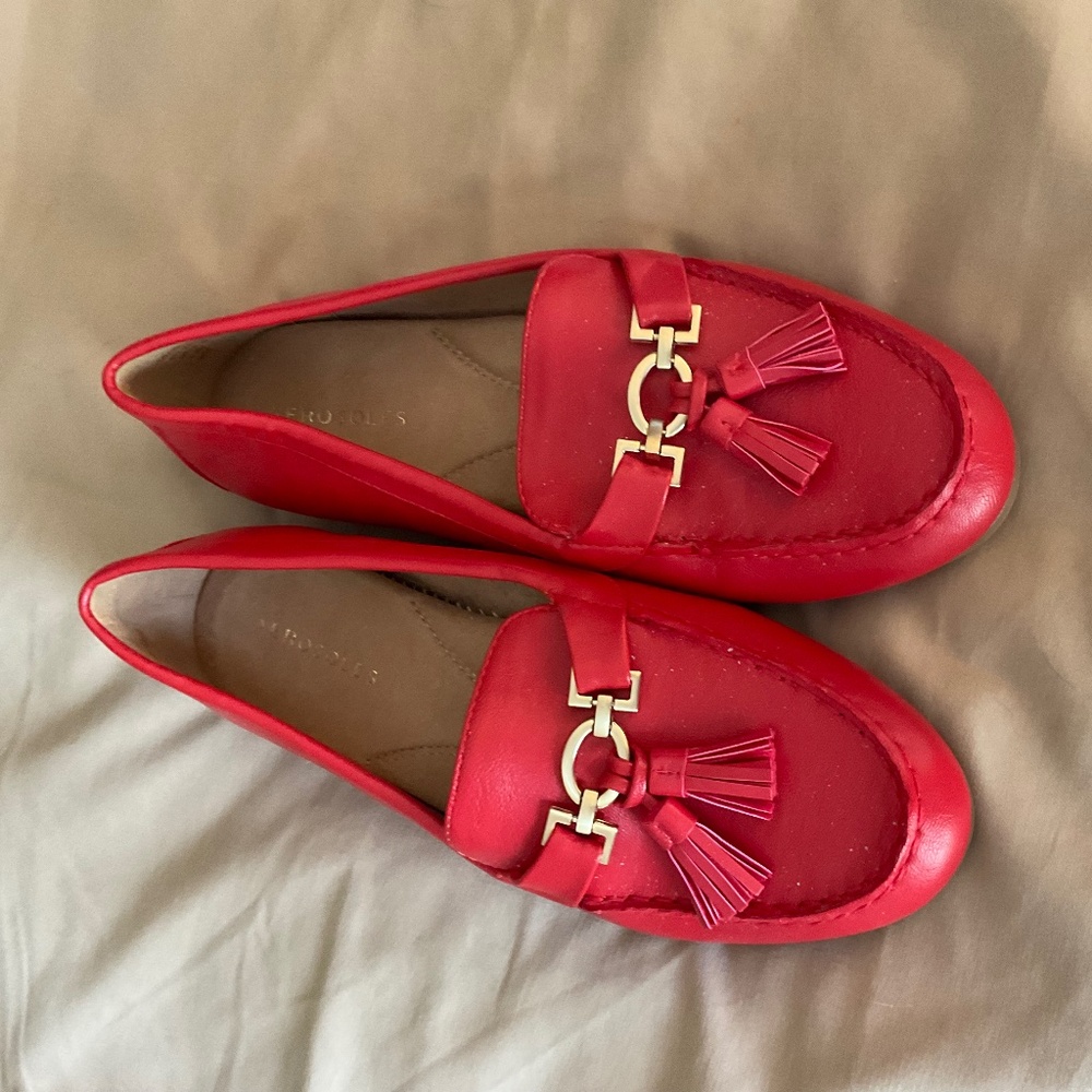 Red loafer with gold trim